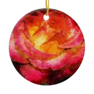 Watercolor Fiery Merry Red Rose Christmas Ornament