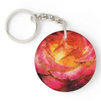 Watercolor Flaming Red Rose Round Acrylic Keychains