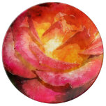 Watercolor Flaming Red Rose Porcelain Plate
