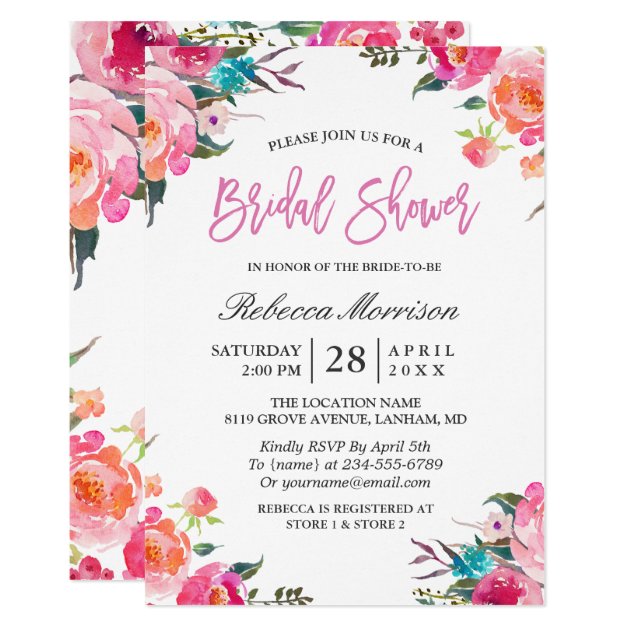 Watercolor Floral Botanical Wreath Bridal Shower Card (front side)