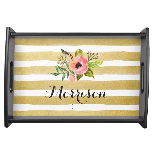 Watercolor Flower Gold White Stripes Monogram Food Trays