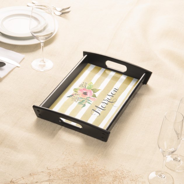 Watercolor Flower Gold White Stripes Monogram Food Trays