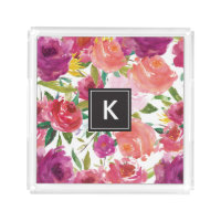 Watercolor Flowers Monogram Acrylic Vanity Tray Square Serving Trays