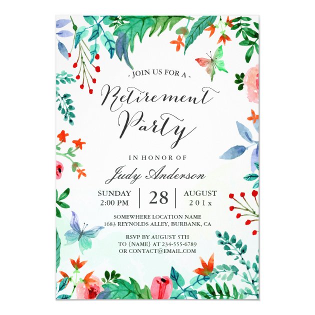 Watercolor Garden Greenery Floral Retirement Party Card