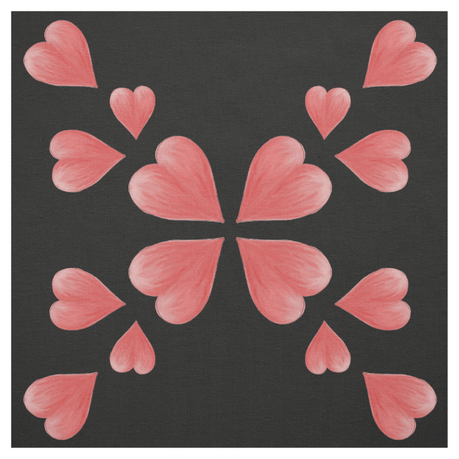 Watercolor Hearts Mirrored Design On Black Fabric