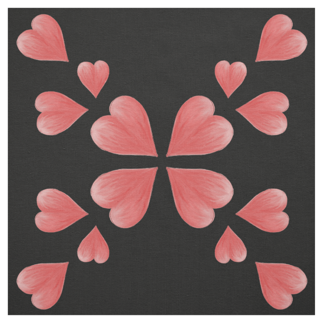 Watercolor Hearts Mirrored Design On Black Fabric Watercolor Hearts Mirrored Design On Black Fabric