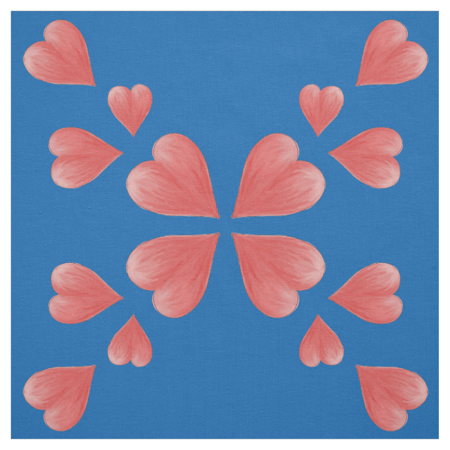 Watercolor Hearts Mirrored Design On Blue Fabric