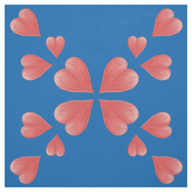 Watercolor Hearts Mirrored Design On Blue Fabric Watercolor Hearts Mirrored Design On Blue Fabric