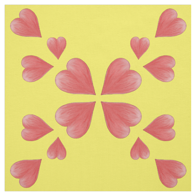 Watercolor Hearts Mirrored Design On Yellow Fabric Watercolor Hearts Mirrored Design On Yellow Fabric