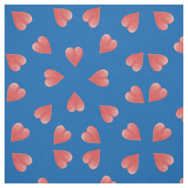 Watercolor Hearts On Blue, Tossed Print Fabric