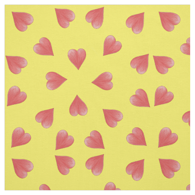 Watercolor Hearts On Yellow, Tossed Print Fabric