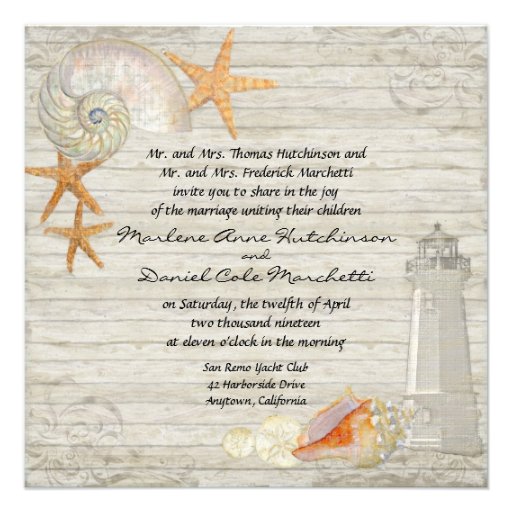Watercolor Lighthouse Shells Beach Cottage Wedding Invitations