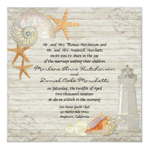 Watercolor Lighthouse Shells Beach Cottage Wedding 5.25x5.25 Square Paper Invitation Card