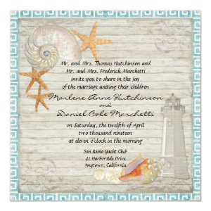 Watercolor Lighthouse Shells Beach Cottage Wedding 5.25x5.25 Square Paper Invitation Card