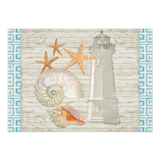 Watercolor Lighthouse Shells Beach Cottage Wedding Personalized Invitation