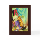 postcard - Musical instruments in watercolor wait to be brought to life. Makes a great invitation to a recital or performing arts activity, or a casual sing-along by the piano! You can even use a matching stamp!