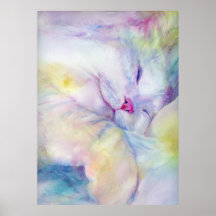 watercolor of  white cat sleeping on a white sheet posters