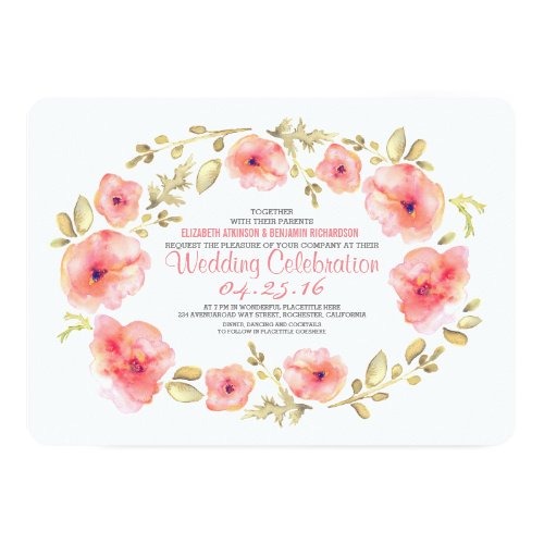 Watercolor Painted Flowers Wreath Wedding Invites 5" X 7" Invitation Card