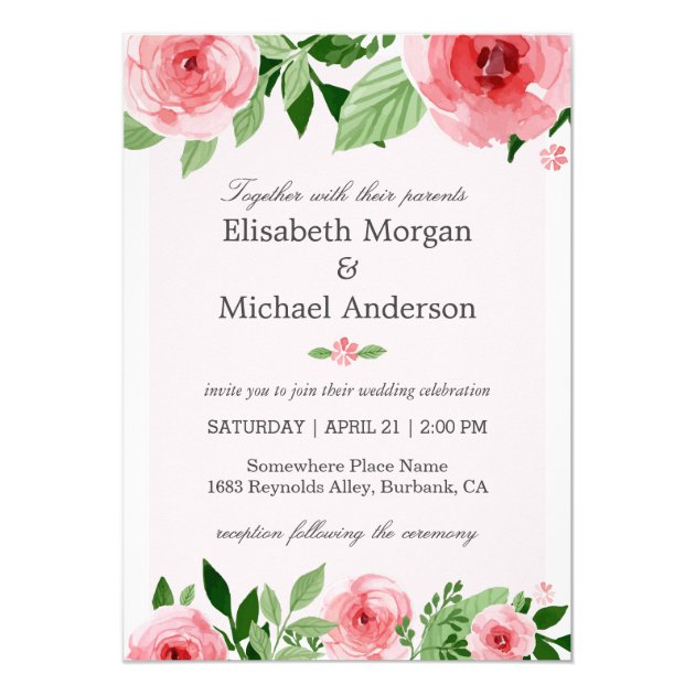 Watercolor Rose Flowers Botanical Wedding Card