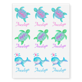 Watercolor sea animals personalized name art temporary tattoos