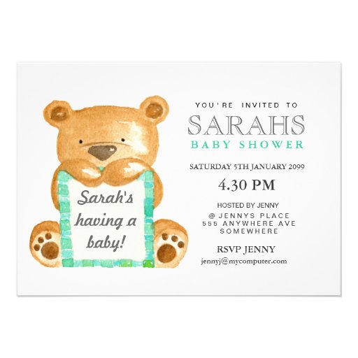 Watercolor Teddy Bear Baby Shower Invite