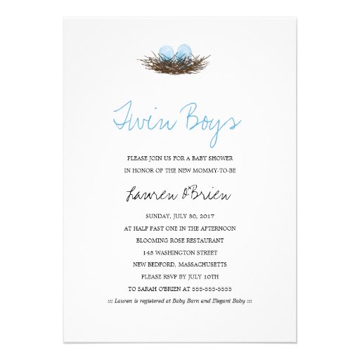 Watercolor Twin Boys Bird's Nest Baby Shower Personalized Invites