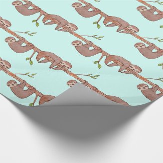 Sloth Wrapping Paper Watercolour Cute Baby Sloths on Tree Pattern Wrapping Paper