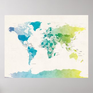 Watercolour Political Map of the World Poster