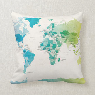 Map Of The World Throw Pillow Watercolour Political Map of the World Throw Pillow