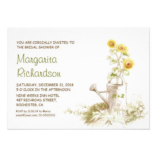 Watering can with sunflowers bridal shower invites