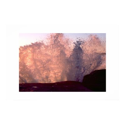 Wave crashing against rock at sunset  posters by jupp