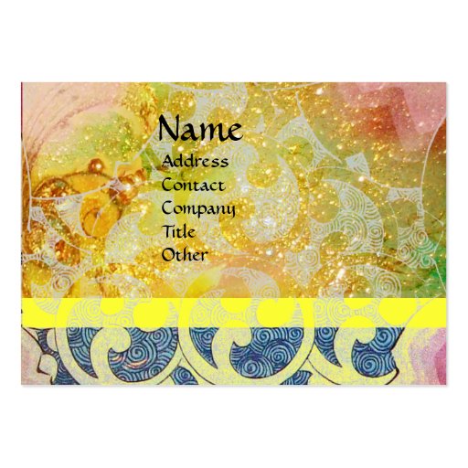 WAVES / Bright Yellow Blue Swirls in Gold Sparkles Business Card Template