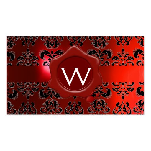 WAX SEAL DAMASK  MONOGRAM red Business Card Template (back side)