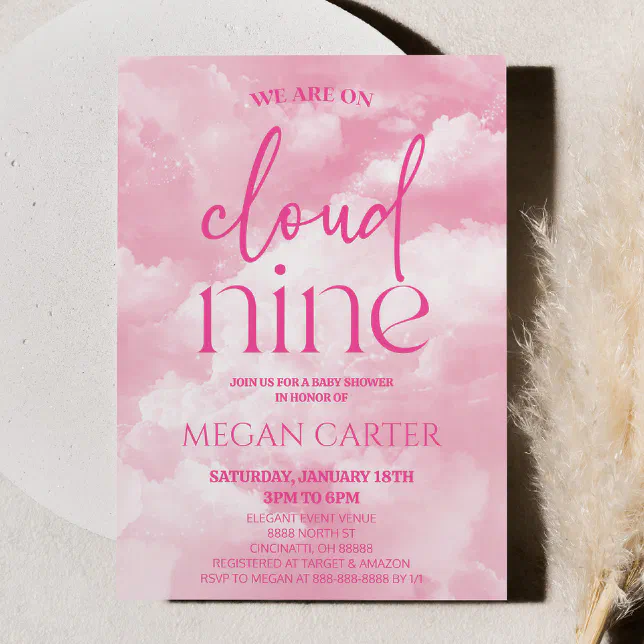 We Are On Cloud Nine Pink Clouds Baby Shower Invitation Zazzle