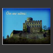 We have moved - medieval castle card postcards