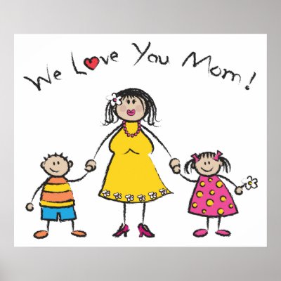 We Love You Mum! Poster (Fair Skin Tone) by fat_fa_tin. Original graphic illustration by fat*fa*tin. Cartoon illustration of a light skin tone family.