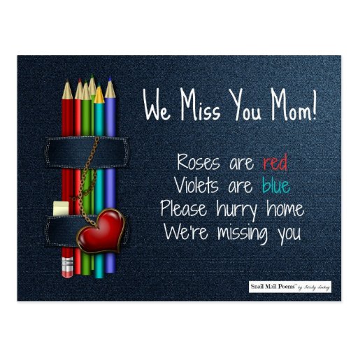 We Miss You Mom Roses are Red Poem from Kids Postcard Zazzle