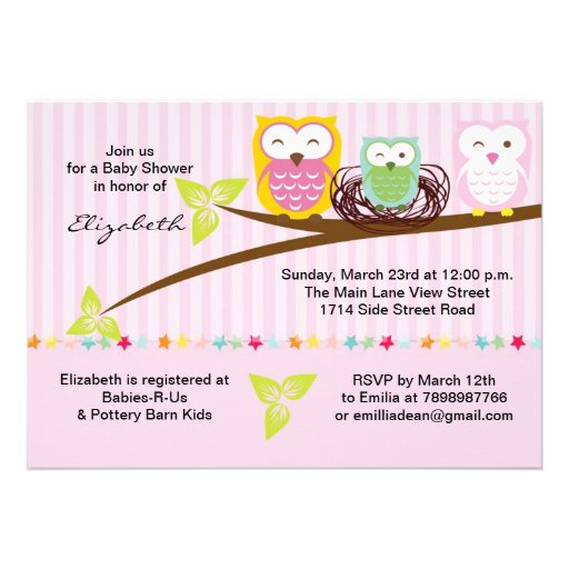 We three owl family pink baby shower invitation