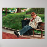 Weary Traveler Man Rests on Bench Poster posters