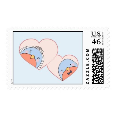 Wedding Birds in Hearts Blue Postage