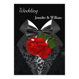 Wedding Black White Tuxedo Deep RED Rose 2 5x7 Paper Invitation Card