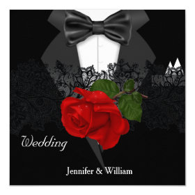 Wedding Black White Tuxedo Deep RED Rose 5.25x5.25 Square Paper Invitation Card