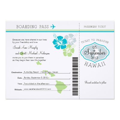 Wedding Boarding Pass to Hawaii Custom Invitation