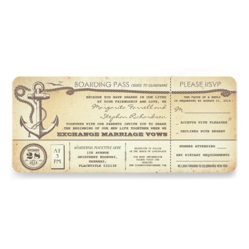 wedding boarding pass-vintage tickets with RSVP Invites (front side)