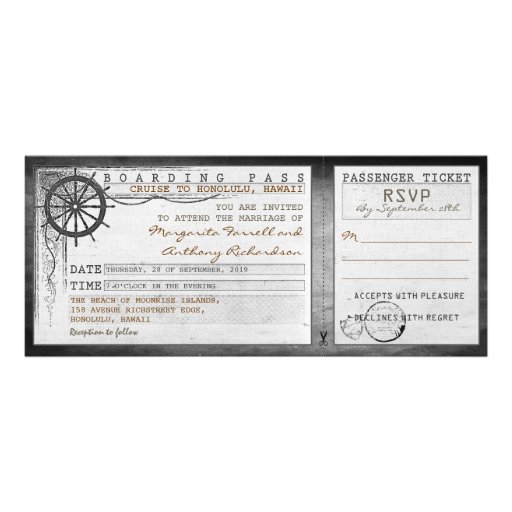 wedding boarding pass-vintage tickets with RSVP Announcement
