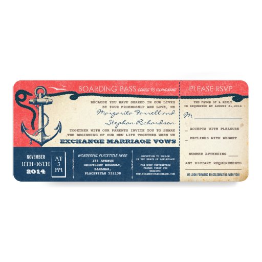 wedding boarding pass-vintage tickets with RSVP Personalized Announcement Card