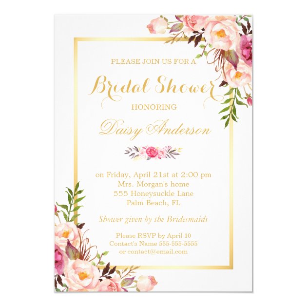 Wedding Bridal Shower Chic Floral Golden Frame 5x7 Paper Invitation Card (front side)