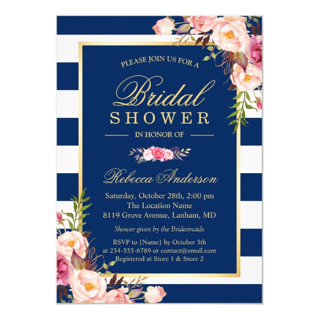 Wedding Bridal Shower | Navy Blue Stripes Floral Card