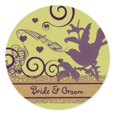 Wedding Bride & Groom Bird Swirl Purple & Lime Sticker