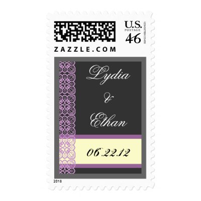 WEDDING Bride Groom Date Gray Cream Purple Lace Postage Stamps by 